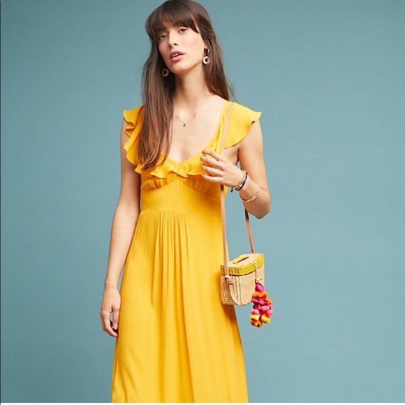 Yellow Anthropologie Ruffle Maxi Dress 4p - Picture 1 of 2